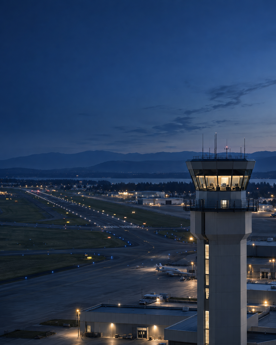 Airport control tower at night
