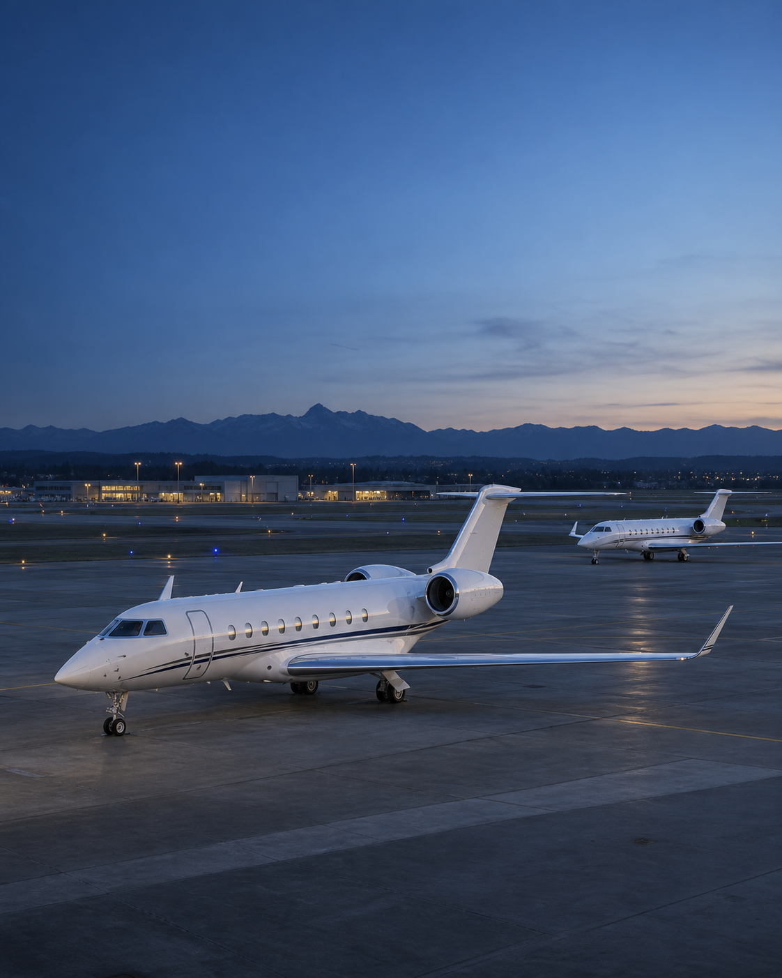 Two business jets parked on a tarmac at dusk