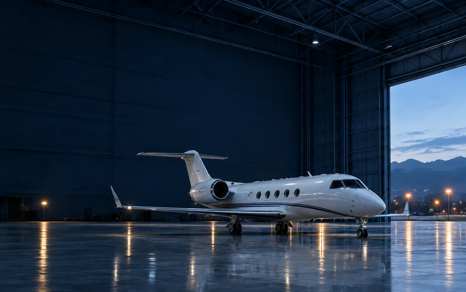 White business jet parked inside a hangar