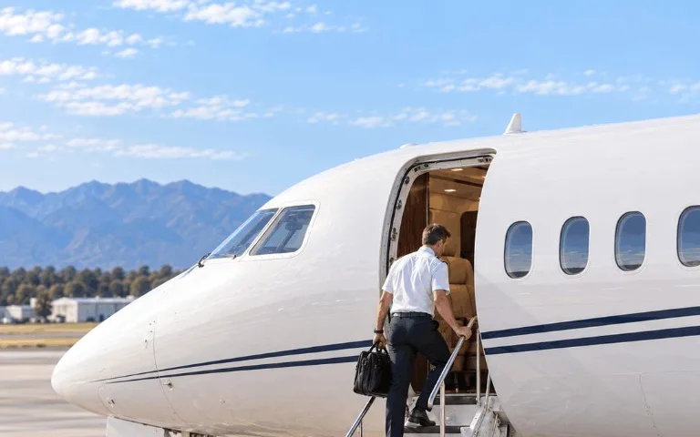 White business jet parked on a mountain airfield